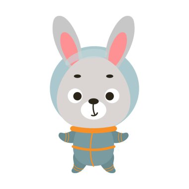 Beyaz arka planda sevimli küçük uzay adamı tavşanı. Çocuk tişörtleri için çizgi film karakteri, bebek dekorasyonu, bebek partisi, tebrik kartı, davetiye, ev içi. Vektör stok illüstrasyonu