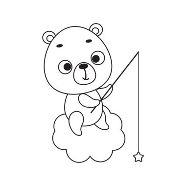 Boyama sayfası bulutların üzerinde küçük sevimli ayı balık yıldızı. Çocuklar için boyama kitabı. Anaokulu yılları için eğitici aktiviteler çocuklar ve şirin hayvanlı bebekler. Vektör stok illüstrasyonu