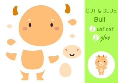 Küçük boğayı kes ve yapıştır. Çocuklar aktivite sayfası hazırlar. Anaokulu çocukları için eğitici bir oyun. Çalışma kâğıdı. Çocuklar sanat oyunu ve yapboz. Vektör stok illüstrasyonu