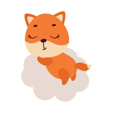 Bulutların üzerinde uyuyan şirin bir tilki. Çocuk tişörtü, bebek odası dekorasyonu, bebek partisi, tebrik kartları, davetiyeler, ev dekorasyonu. Vektör stok illüstrasyonu