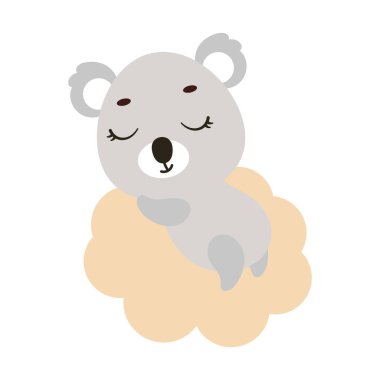 Bulutların üzerinde uyuyan sevimli küçük koala. Çocuk tişörtü, bebek odası dekorasyonu, bebek partisi, tebrik kartları, davetiyeler, ev dekorasyonu. Vektör stok illüstrasyonu