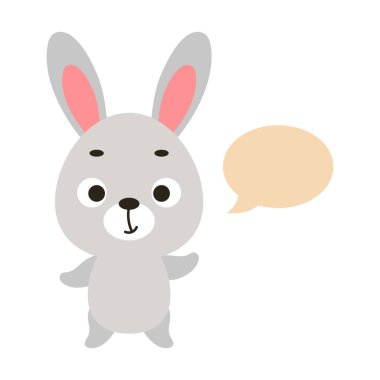 Beyaz arka planda konuşma balonu olan şirin küçük bir tavşan. Çocuk tişörtü, bebek odası dekorasyonu, bebek partisi, tebrik kartı, evin içi. Vektör stok illüstrasyonu