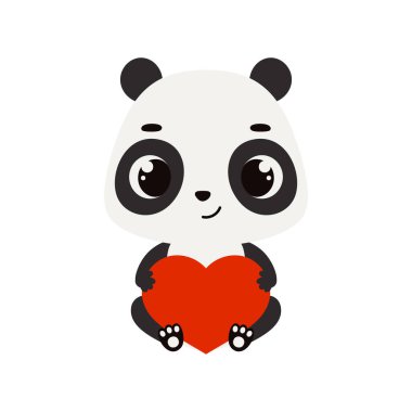 Oturan şirin panda kalbini tutuyor. Çocuk kartları için çizgi film karakteri, bebek partisi, davetiye, poster, tişört kompozisyonu, ev içi. Vektör stok illüstrasyonu