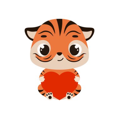 Oturan şirin kaplan kalbini tutuyor. Çocuk kartları için çizgi film karakteri, bebek partisi, davetiye, poster, tişört kompozisyonu, ev içi. Vektör stok illüstrasyonu