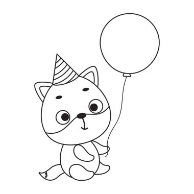 Coloring page cute little fox in birthday hat hold balloon. Coloring book for kids. Educational activity for preschool years kids and toddlers with cute animal. Vector stock illustration