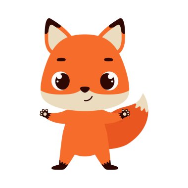 Beyaz arka planda şirin bir tilki. Çocuk kartları için çizgi film karakteri, bebek partisi, davetiye, poster, tişört kompozisyonu, ev içi. Vektör stok illüstrasyonu