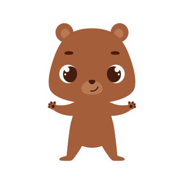 Beyaz arka planda şirin küçük bir ayı. Çocuk kartları için çizgi film karakteri, bebek partisi, davetiye, poster, tişört kompozisyonu, ev içi. Vektör stok illüstrasyonu