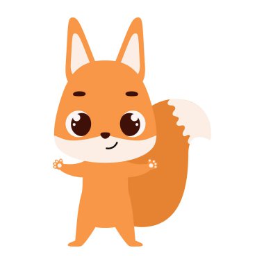 Beyaz arka planda şirin bir sincap. Çocuk kartları için çizgi film karakteri, bebek partisi, davetiye, poster, tişört kompozisyonu, ev içi. Vektör stok illüstrasyonu