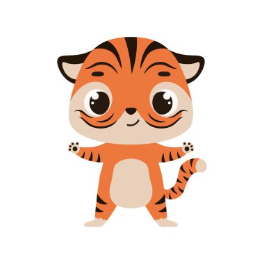 Beyaz arka planda şirin bir kaplan. Çocuk kartları için çizgi film karakteri, bebek partisi, davetiye, poster, tişört kompozisyonu, ev içi. Vektör stok illüstrasyonu