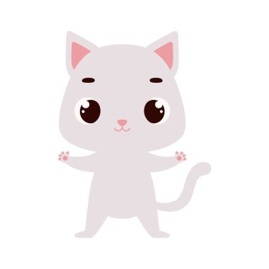 Beyaz arka planda sevimli küçük bir kedi. Çocuk kartları için çizgi film karakteri, bebek partisi, davetiye, poster, tişört kompozisyonu, ev içi. Vektör stok illüstrasyonu