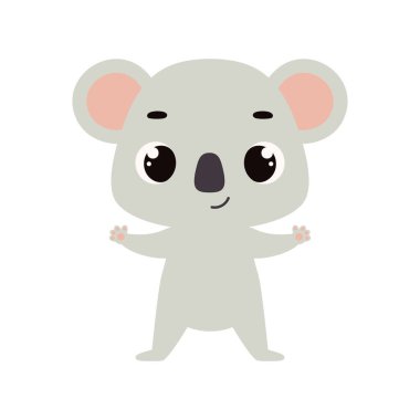 Beyaz arka planda şirin bir koala. Çocuk kartları için çizgi film karakteri, bebek partisi, davetiye, poster, tişört kompozisyonu, ev içi. Vektör stok illüstrasyonu