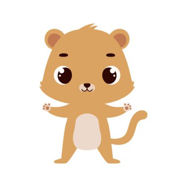 Beyaz arka planda sevimli küçük bir aslan. Çocuk kartları için çizgi film karakteri, bebek partisi, davetiye, poster, tişört kompozisyonu, ev içi. Vektör stok illüstrasyonu