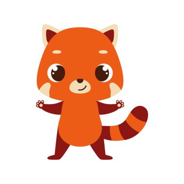 Beyaz arka planda şirin küçük kırmızı panda. Çocuk kartları için çizgi film karakteri, bebek partisi, davetiye, poster, tişört kompozisyonu, ev içi. Vektör stok illüstrasyonu