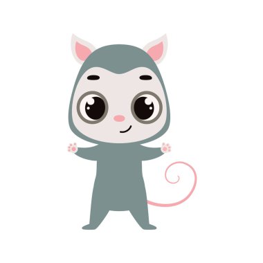Cute little opossum on white background. Cartoon animal character for kids cards, baby shower, invitation, poster, t-shirt composition, house interior. Vector stock illustration