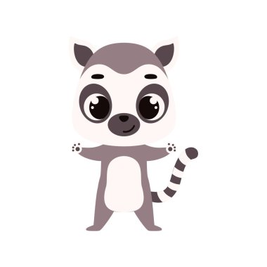 Cute little lemur on white background. Cartoon animal character for kids cards, baby shower, invitation, poster, t-shirt composition, house interior. Vector stock illustration