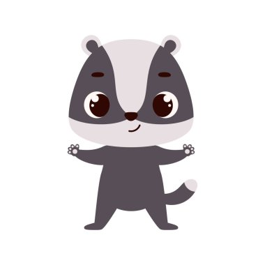 Beyaz arka planda şirin bir porsuk. Çocuk kartları için çizgi film karakteri, bebek partisi, davetiye, poster, tişört kompozisyonu, ev içi. Vektör stok illüstrasyonu