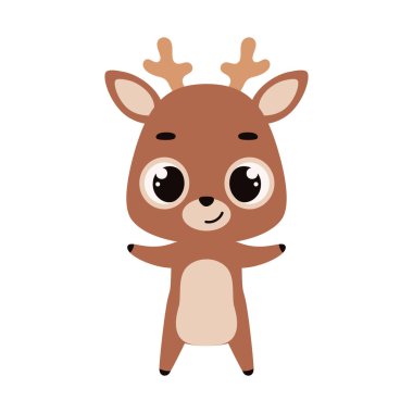 Beyaz arka planda şirin bir geyik. Çocuk kartları için çizgi film karakteri, bebek partisi, davetiye, poster, tişört kompozisyonu, ev içi. Vektör stok illüstrasyonu