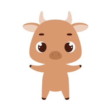 Beyaz arka planda şirin bir boğa. Çocuk kartları için çizgi film karakteri, bebek partisi, davetiye, poster, tişört kompozisyonu, ev içi. Vektör stok illüstrasyonu