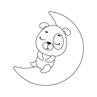Coloring page cute little dog sleeping on moon. Coloring book for kids. Edudogional activity for preschool years kids and toddlers with cute animal. Vector stock illustration