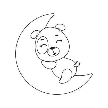 Coloring page cute little dog sleeping on moon. Coloring book for kids. Edudogional activity for preschool years kids and toddlers with cute animal. Vector stock illustration
