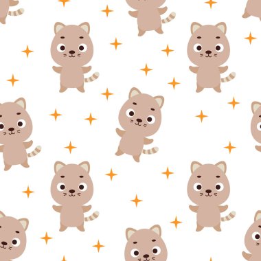 Cute little cat seamless childish pattern. Funny cartoon animal character for fabric, wrapping, textile, wallpaper, apparel. Vector illustration