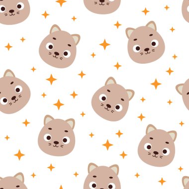Cute little cat head seamless childish pattern. Funny cartoon animal character for fabric, wrapping, textile, wallpaper, apparel. Vector illustration