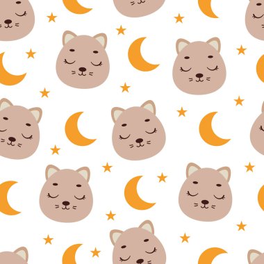 Cute little slipping cat head seamless childish pattern. Funny cartoon animal character for fabric, wrapping, textile, wallpaper, apparel. Vector illustration