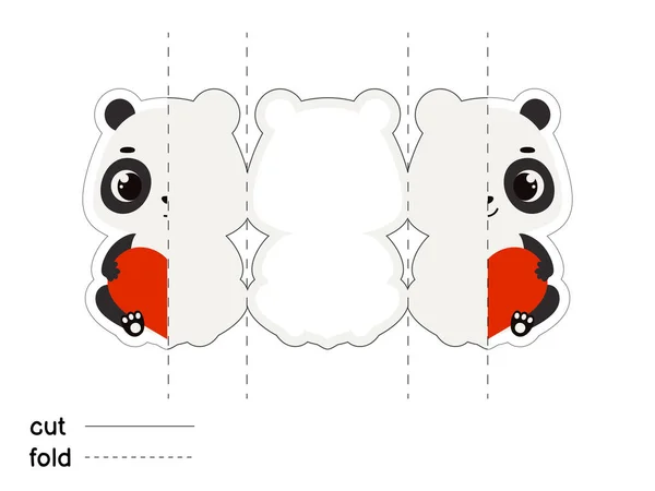 Cute Panda Hold Heart Fold Long Greeting Card Template Great — Stockový vektor