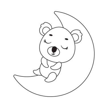 Boyama sayfası Ay 'da uyuyan sevimli küçük koala. Çocuklar için boyama kitabı. Anaokulu yılları için eğitici aktiviteler çocuklar ve şirin hayvanlı bebekler. Vektör stok illüstrasyonu