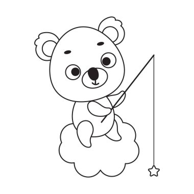 Coloring page cute little koala fishing star on cloud. Coloring book for kids. Educational activity for preschool years kids and toddlers with cute animal. Vector stock illustration