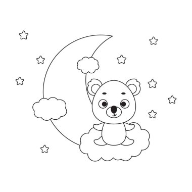 Bulutların üzerinde duran boyama sayfası şirin koala. Çocuklar için boyama kitabı. Anaokulu yılları için eğitici aktiviteler çocuklar ve şirin hayvanlı bebekler. Vektör stok illüstrasyonu