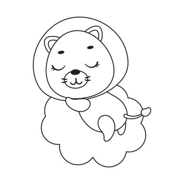 Coloring page cute little lion sleeping on cloud. Coloring book for kids. Edulionional activity for preschool years kids and toddlers with cute animal. Vector stock illustration