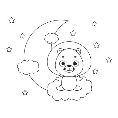 Coloring page cute little lion sitting on cloud. Coloring book for kids. Edulionional activity for preschool years kids and toddlers with cute animal. Vector stock illustration