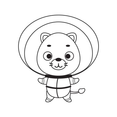 Coloring page cute little spaceman lion. Coloring book for kids. Edulionional activity for preschool years kids and toddlers with cute animal. Vector stock illustration