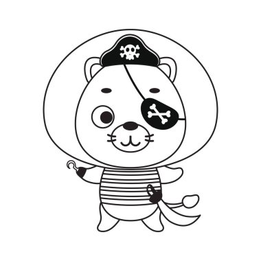 Coloring page cute little pirate lion with hook and blindfold. Coloring book for kids. Edulionional activity for preschool years kids and toddlers with cute animal. Vector stock illustration