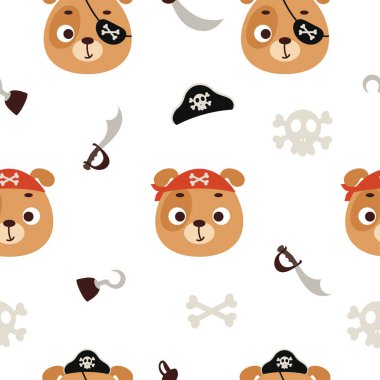 Cute little pirate dog head seamless childish pattern. Funny cartoon animal character for fabric, wrapping, textile, wallpaper, apparel. Vector illustration