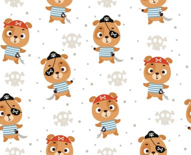 Cute little pirate dog seamless childish pattern. Funny cartoon animal character for fabric, wrapping, textile, wallpaper, apparel. Vector illustration