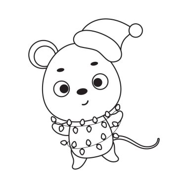 Coloring page cute Christmas mouse with garland. Coloring book for kids. Educational activity for preschool years kids and toddlers with cute animal. Vector stock illustration