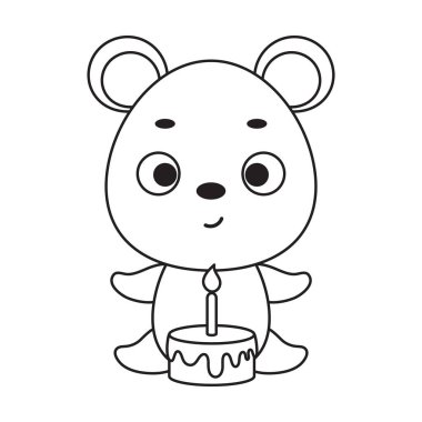 Coloring page cute little mouse with birthday cake. Coloring book for kids. Educational activity for preschool years kids and toddlers with cute animal. Vector stock illustration