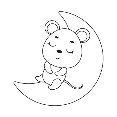 Coloring page cute little mouse sleeping on moon. Coloring book for kids. Educational activity for preschool years kids and toddlers with cute animal. Vector stock illustration