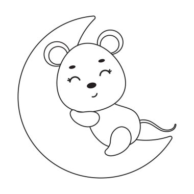 Coloring page cute little mouse sleeping on moon. Coloring book for kids. Educational activity for preschool years kids and toddlers with cute animal. Vector stock illustration