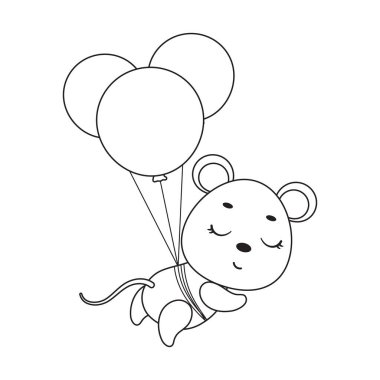 Coloring page cute little mouse flying on balloons. Coloring book for kids. Educational activity for preschool years kids and toddlers with cute animal. Vector stock illustration