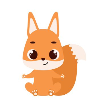 Cute little sitting squirrel. Cartoon animal character for kids cards, baby shower, invitation, poster, t-shirt composition, house interior. Vector stock illustration