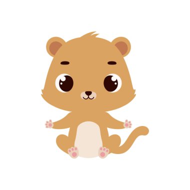 Cute little sitting lion. Cartoon animal character for kids cards, baby shower, invitation, poster, t-shirt composition, house interior. Vector stock illustration