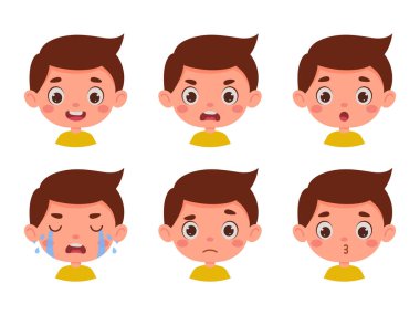 Cute cartoon little kid boy in various expressions and gesture. Cartoon child character showing different emotions. Vector illustration.