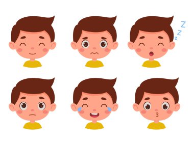 Cute cartoon little kid boy in various expressions and gesture. Cartoon child character showing different emotions. Vector illustration.