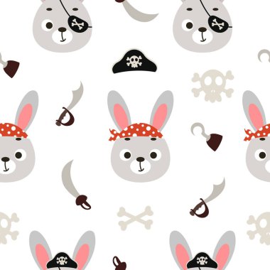 Cute little pirate hare face seamless childish pattern. Funny cartoon animal character for fabric, wrapping, textile, wallpaper, apparel. Vector illustration
