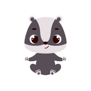 Cute little sitting badger. Cartoon animal character for kids cards, baby shower, invitation, poster, t-shirt composition, house interior. Vector stock illustration