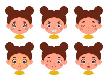 Cute cartoon little kid girl in various expressions and gesture. Cartoon child character showing different emotions. Vector illustration.