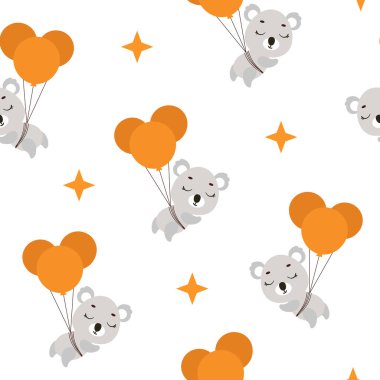 Cute little koala flying on balloons seamless childish pattern. Funny cartoon animal character for fabric, wrapping, textile, wallpaper, apparel. Vector illustration